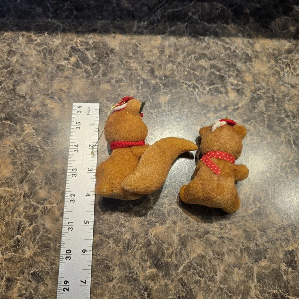 Vintage Flocked Christmas Ornaments‎ Squirrel & Bear with Santa Hats 1980s